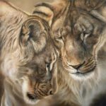Two Lionesses together, original art painting