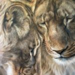 Detailed close up of lionesses painting